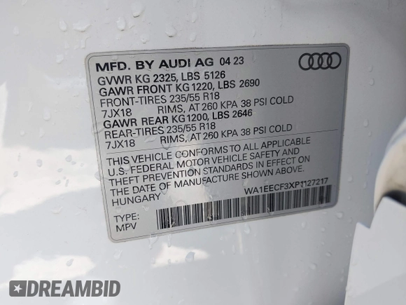 2023 Audi Q3 S line Premium Plus with VIN WA1EECF3XP1127217, listed as a IAAI auction lot 42016607 with 13,772 mi miles. Bid and sale history available at carsss.com. Image 9.