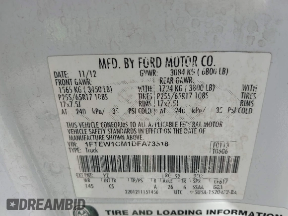 2013 Ford F-150 XL with VIN 1FTEW1CM1DFA73518, listed as a IAAI auction lot 42547017 with 173,416 mi miles and . Bid and sale history available at DreamBid. Image 9.