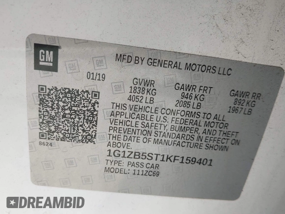 2019 Chevrolet Malibu LS with VIN 1G1ZB5ST1KF159401, listed as a IAAI auction lot 42176173 with 80,298 mi miles and . Bid and sale history available at DreamBid. Image 9.