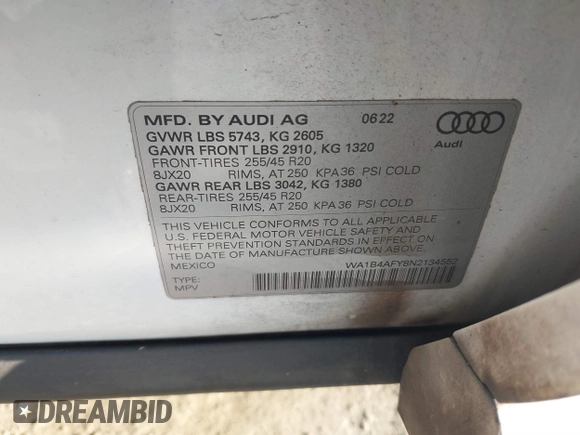 2022 Audi SQ5 Premium Plus with VIN WA1B4AFY8N2134552, listed as a IAAI auction lot 41282852 with 40,529 mi miles. Bid and sale history available at carsss.com. Image 9.