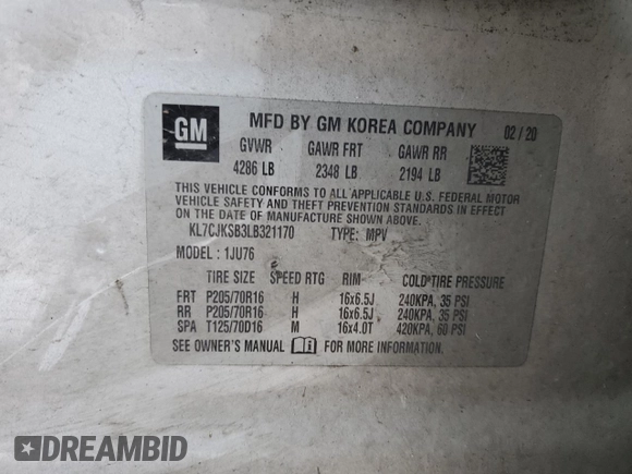 2020 Chevrolet Trax LS with VIN KL7CJKSB3LB321170, listed as a Copart auction lot 41471845 with 237,757 mi miles and Salvage Title. Bid and sale history available at DreamBid. Image 14.