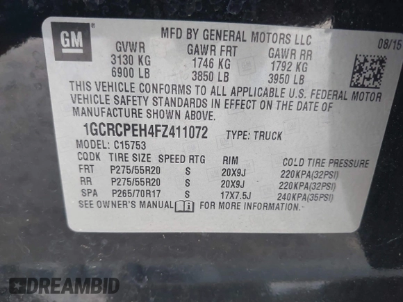 2015 Chevrolet Silverado 1500 LS with VIN 1GCRCPEH4FZ411072, listed as a IAAI auction lot 42083203 with 75,372 mi miles and . Bid and sale history available at DreamBid. Image 9.