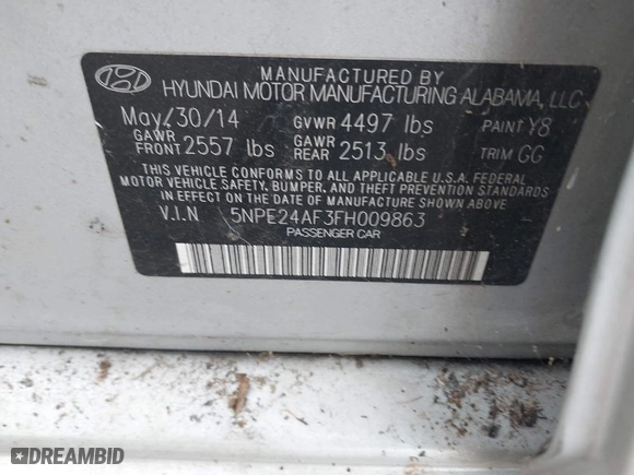 2015 Hyundai Sonata 2.4L SE with VIN 5NPE24AF3FH009863, listed as a IAAI auction lot 41897387 with 205,471 mi miles. Bid and sale history available at carsss.com. Image 9.
