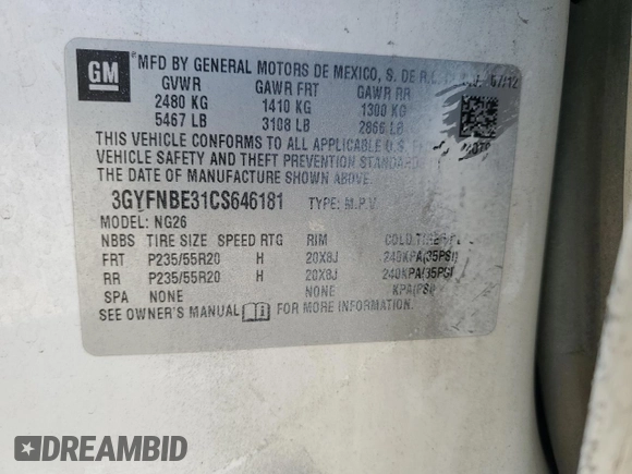 2012 Cadillac SRX Performance Collection with VIN 3GYFNBE31CS646181, listed as a Copart auction lot 47794835 with 135,113 mi miles and Salvage title. Bid and sale history available at DreamBid. Image 13.