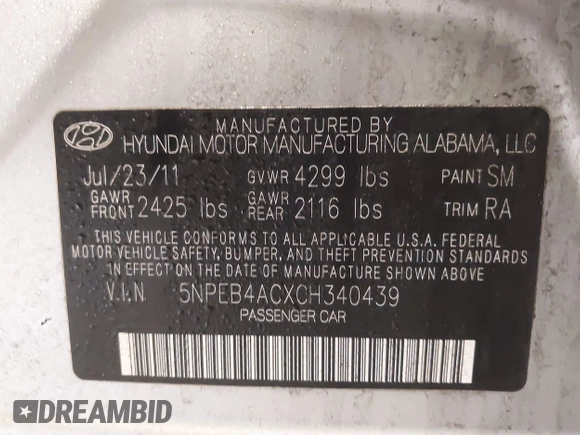 2012 Hyundai Sonata GLS with VIN 5NPEB4ACXCH340439, listed as a IAAI auction lot 41595043 with 141,069 mi miles. Bid and sale history available at carsss.com. Image 9.