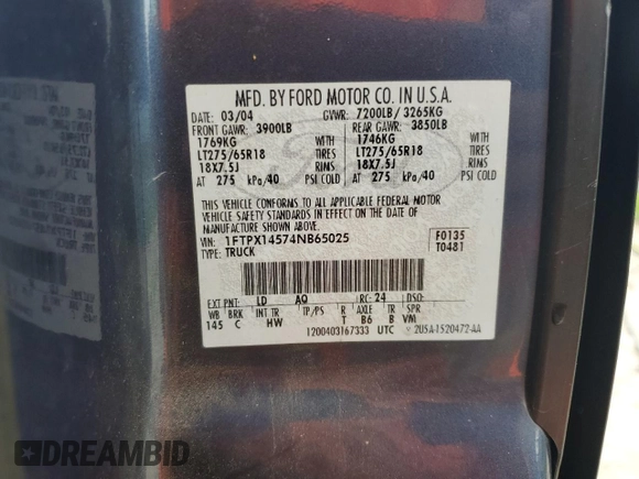 2004 Ford F-150 XLT with VIN 1FTPX14574NB65025, listed as a Copart auction lot 64567655 with 293,376 mi miles and Salvage title. Bid and sale history available at DreamBid. Image 12.