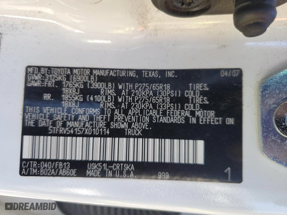2007 Toyota Tundra SR5 with VIN 5TFRV54157X010114, listed as a Copart auction lot 48034815 with 369,344 mi miles and Salvage Title. Bid and sale history available at carsss.com. Image 13.