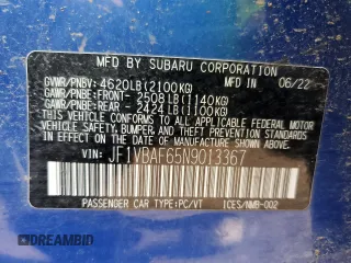 2022 Subaru WRX Premium with VIN JF1VBAF65N9013367, listed as a Copart auction lot 65460135 with Not provided miles and Clean title. Bid and sale history available at DreamBid. Image 12.