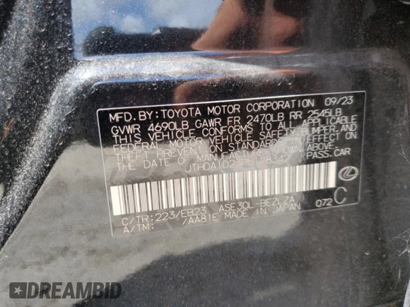 2023 Lexus IS 300 с VIN JTHDA1D23P5128342, выставлен на аукционе Copart как лот 60864545 с пробегом 14 495 миль миль и Списание • Salvage title. История ставок и продаж доступна на DreamBid. Изображение 13.