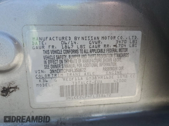 2015 Nissan Note S Plus with VIN 3N1CE2CP4FL358672, listed as a Copart auction lot 52916195 with Not Provided miles and Salvage Title. Bid and sale history available at DreamBid. Image 14.