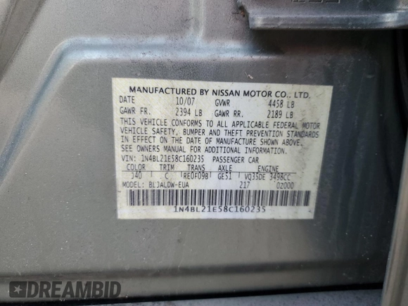 2008 Nissan Altima 3.5 SE with VIN 1N4BL21E58C160235, listed as a Copart auction lot 51081915 with 182,285 mi miles and Salvage Title. Bid and sale history available at carsss.com. Image 12.