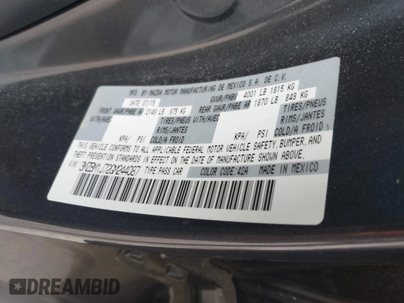 2016 Mazda 3 i Sport with VIN 3MZBM1J72GM244087, listed as a IAAI auction lot 41942004 with 162,209 mi miles and . Bid and sale history available at DreamBid. Image 9.