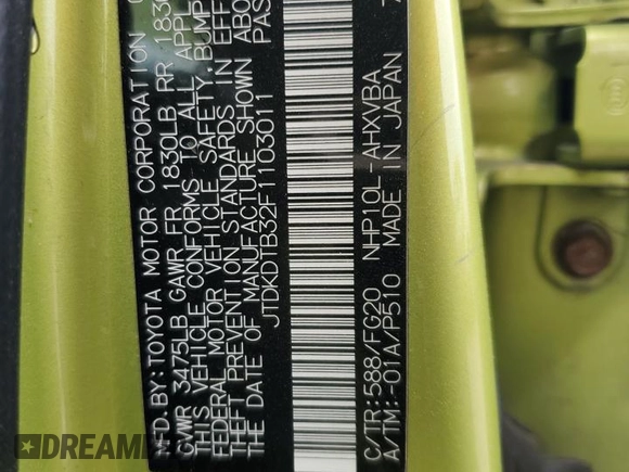 2015 Toyota Prius One z VIN JTDKDTB32F1103011, wystawiony jako Copart lot #57503755 z przebiegiem Nie podano mil oraz Szkoda całkowita • Salvage title. Historia ofert i sprzedaży dostępna na DreamBid. Obrazek 13.