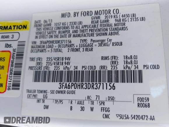 2013 Ford Fusion SE with VIN 3FA6P0HR3DR371156, listed as a IAAI auction lot 42510124 with 138,500 mi miles and . Bid and sale history available at DreamBid. Image 9.