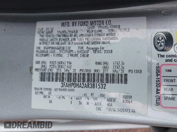 2010 Ford Fusion SE with VIN 3FAHP0HA2AR381532, listed as a IAAI auction lot 42112479 with 117,156 mi miles and . Bid and sale history available at DreamBid. Image 9.
