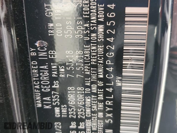 2023 Kia Sorento S with VIN 5XYRL4LC4PG242564, listed as a Copart auction lot 48753475 with 32,874 mi miles and Salvage Title. Bid and sale history available at DreamBid. Image 15.
