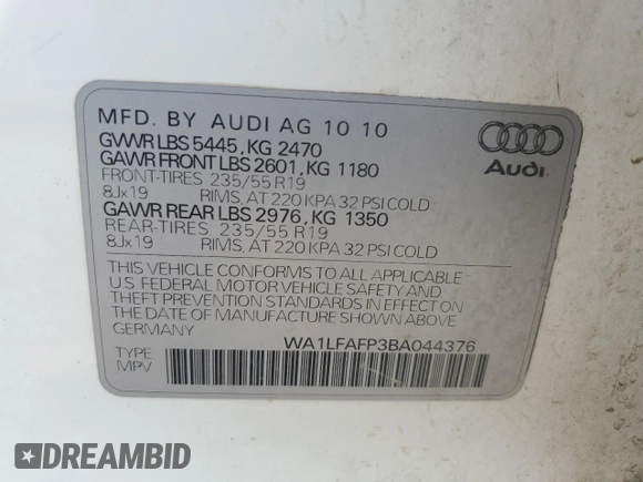 2011 Audi Q5 Premium Plus with VIN WA1LFAFP3BA044376, listed as a Copart auction lot 60174135 with 98,399 mi miles and Salvage title. Bid and sale history available at DreamBid. Image 14.