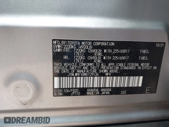 2021 Toyota RAV4 Hybrid LE z VIN JTMLWRFV8MD129136, wystawiony jako IAAI lot #41644636 z przebiegiem 82 253 mil mil oraz . Historia ofert i sprzedaży dostępna na DreamBid. Obrazek 9.