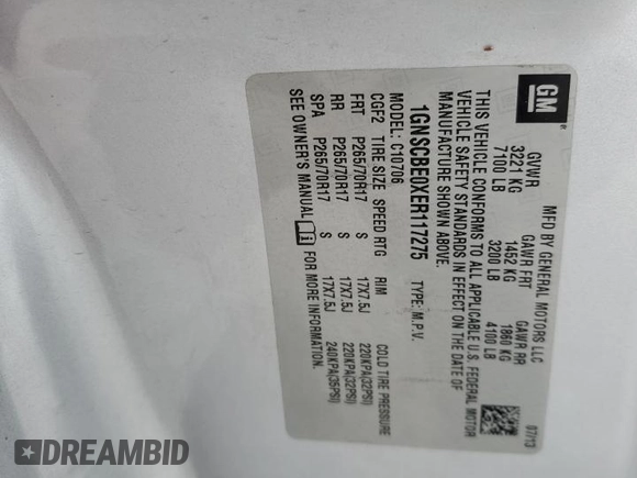 2014 Chevrolet Tahoe LT with VIN 1GNSCBE0XER117275, listed as a Copart auction lot 55858125 with 163,061 mi miles and Salvage title. Bid and sale history available at DreamBid. Image 12.