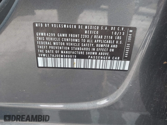 2014 Volkswagen Jetta TDI with VIN 3VWLL7AJ0EM386019, listed as a IAAI auction lot 42229260 with 122,858 mi miles and . Bid and sale history available at DreamBid. Image 9.