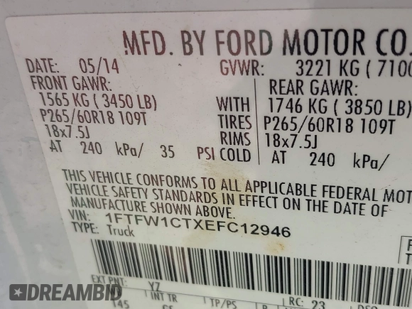 2014 Ford F-150 XL with VIN 1FTFW1CTXEFC12946, listed as a IAAI auction lot 41814929 with 230,328 mi miles. Bid and sale history available at carsss.com. Image 9.