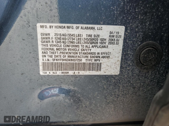 2019 Honda Pilot Touring 7-Passenger z VIN 5FNYF5H63KB037250, wystawiony jako Copart lot #52027065 z przebiegiem 95 693 mil mil oraz Szkoda całkowita • Salvage title. Historia ofert i sprzedaży dostępna na DreamBid. Obrazek 13.