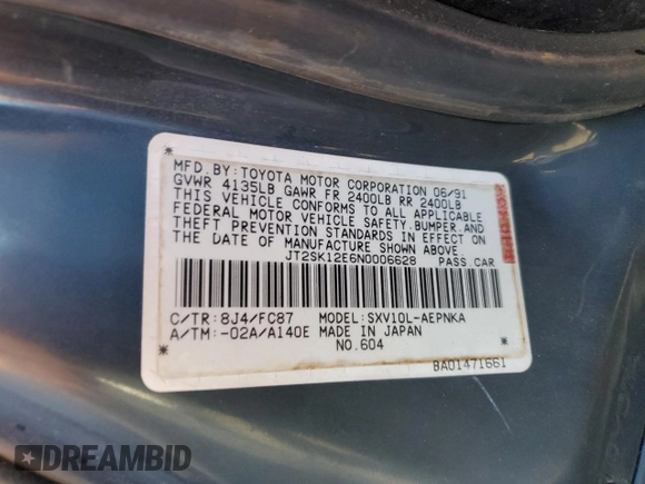 1992 Toyota Camry LE z VIN JT2SK12E6N0006628, wystawiony jako Copart lot #43110275 z przebiegiem 65 591 mil mil oraz Nie do naprawy • Non repairable. Historia ofert i sprzedaży dostępna na DreamBid. Obrazek 14.