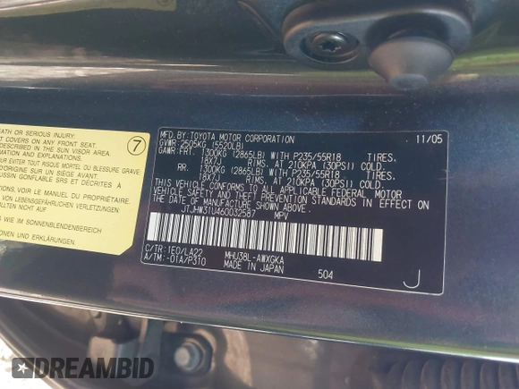 2006 Lexus RX 400h with VIN JTJHW31U460032587, listed as a IAAI auction lot 41838756 with 189,578 mi miles and . Bid and sale history available at DreamBid. Image 9.