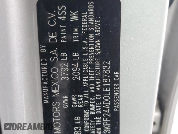 2020 Kia Forte LXS with VIN 3KPF24AD0LE187832, listed as a Copart auction lot 47939575 with 0 mi miles and Salvage Title. Bid and sale history available at carsss.com. Image 12.