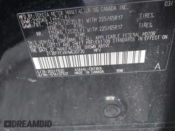 2017 Toyota RAV4 LE with VIN 2T3BFREV8HW630730, listed as a IAAI auction lot 41776176 with Not provided miles and . Bid and sale history available at DreamBid. Image 9.