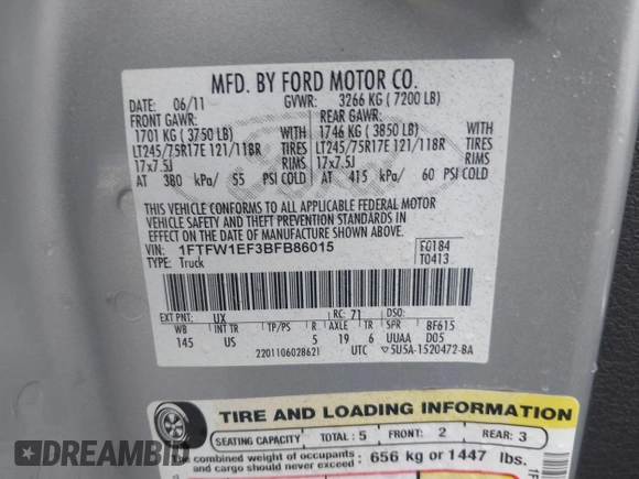 2011 Ford F-150 XL with VIN 1FTFW1EF3BFB86015, listed as a IAAI auction lot 41971442 with 224,360 mi miles. Bid and sale history available at carsss.com. Image 9.