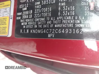 2012 Kia Sedona LX with VIN KNDMG4C72C6493162, listed as a IAAI auction lot 42012760 with 158,433 mi miles. Bid and sale history available at carsss.com. Image 9.