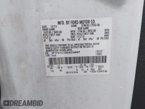 2014 Ford F-150 XL with VIN 1FTFX1CT5EKD34067, listed as a IAAI auction lot 42290888 with 214,507 mi miles and . Bid and sale history available at DreamBid. Image 9.