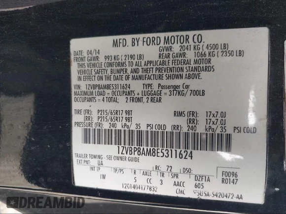 2014 Ford Mustang V6 with VIN 1ZVBP8AM8E5311624, listed as a IAAI auction lot 40100303 with 119,598 mi miles. Bid and sale history available at carsss.com. Image 9.