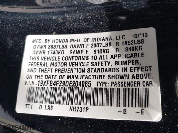 2013 Honda Civic Hybrid with VIN 19XFB4F29DE204085, listed as a IAAI auction lot 41846274 with 145,935 mi miles. Bid and sale history available at carsss.com. Image 9.