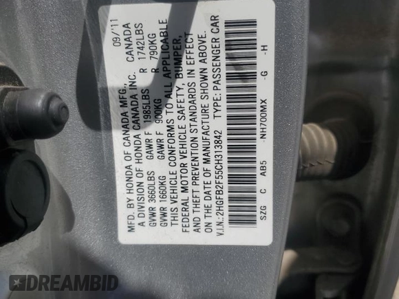 2012 Honda Civic LX с VIN 2HGFB2F55CH313842, выставлен на аукционе Copart как лот 54526265 с пробегом 167 679 миль миль и Списание • Salvage title. История ставок и продаж доступна на DreamBid. Изображение 13.