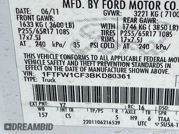 2011 Ford F-150 XL with VIN 1FTFW1CF3BKD80361, listed as a IAAI auction lot 42111751 with 150,574 mi miles. Bid and sale history available at carsss.com. Image 1.