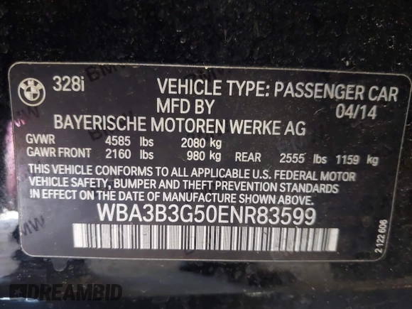 2014 BMW 3 Series 328i xDrive with VIN WBA3B3G50ENR83599, listed as a IAAI auction lot 42106340 with 195,309 mi miles. Bid and sale history available at carsss.com. Image 9.