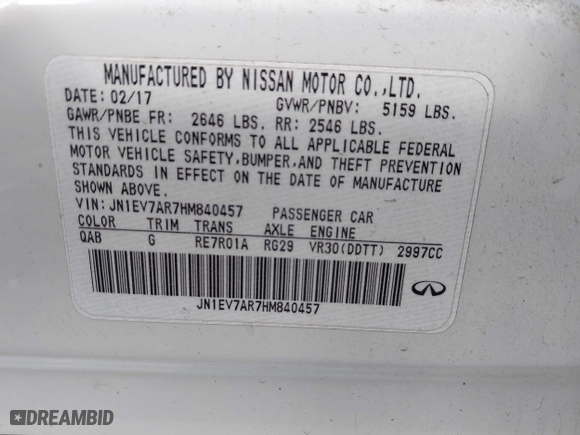 2017 Infiniti Q50 3.0t Premium with VIN JN1EV7AR7HM840457, listed as a IAAI auction lot 41706462 with 98,371 mi miles. Bid and sale history available at carsss.com. Image 9.
