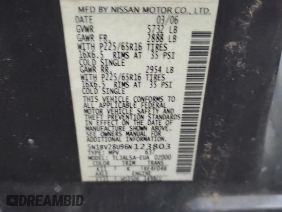 2006 Nissan Quest S Special Edition z VIN 5N1BV28U96N123803, wystawiony jako Copart lot #80056554 z przebiegiem 126 667 mil mil oraz Szkoda całkowita • Salvage title. Historia ofert i sprzedaży dostępna na DreamBid. Obrazek 13.