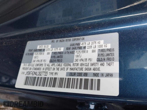 2020 Mazda CX-5 Grand Touring with VIN JM3KFADM4L0827733, listed as a IAAI auction lot 41482517 with 43,597 mi miles. Bid and sale history available at carsss.com. Image 9.