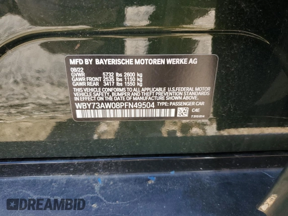 2023 BMW i4 eDrive40 z VIN WBY73AW08PFN49504, wystawiony jako Copart lot #85935954 z przebiegiem Nie podano mil oraz Szkoda całkowita • Salvage title. Historia ofert i sprzedaży dostępna na DreamBid. Obrazek 13.