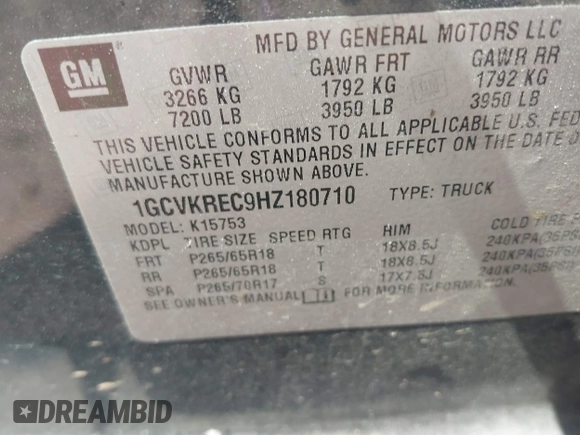 2017 Chevrolet Silverado 1500 LT with VIN 1GCVKREC9HZ180710, listed as a IAAI auction lot 40204758 with 255,247 mi miles and . Bid and sale history available at DreamBid. Image 9.