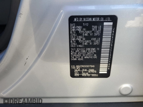 2012 Infiniti QX56 8-passenger with VIN JN8AZ2NC5C9317849, listed as a Copart auction lot 68599364 with 225,533 mi miles and Salvage Title. Bid and sale history available at carsss.com. Image 13.