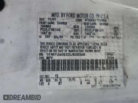 2002 Ford Explorer Sport Value with VIN 1FMYU60EX2UB38268, listed as a Copart auction lot 66096294 with Not provided miles and Salvage title. Bid and sale history available at DreamBid. Image 13.