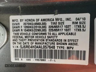 2010 Honda CR-V LX with VIN 5J6RE4H34AL057648, listed as a Copart auction lot 62679515 with 103,047 mi miles and Salvage title. Bid and sale history available at DreamBid. Image 14.