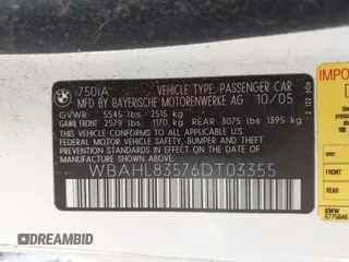 2006 BMW 7 Series 750i with VIN WBAHL83576DT03355, listed as a IAAI auction lot 42606906 with 186,494 mi miles and . Bid and sale history available at DreamBid. Image 9.