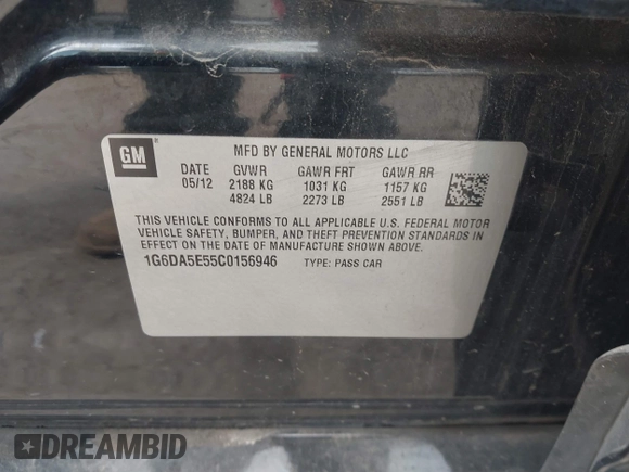 2012 Cadillac CTS with VIN 1G6DA5E55C0156946, listed as a IAAI auction lot 42244345 with 106,189 mi miles and . Bid and sale history available at DreamBid. Image 9.
