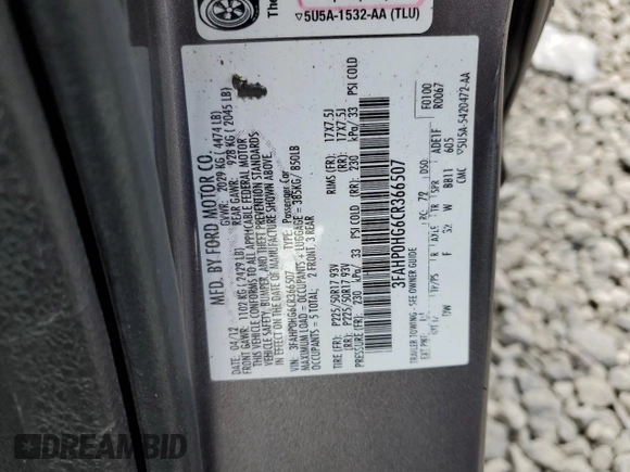 2012 Ford Fusion SE with VIN 3FAHP0HG6CR366507, listed as a Copart auction lot 54118815 with 136,406 mi miles and Salvage title. Bid and sale history available at DreamBid. Image 12.