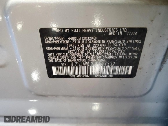 2015 Subaru Forester Touring with VIN JF2SJAWC2FH547392, listed as a Copart auction lot 63800445 with 114,119 mi miles and Salvage title. Bid and sale history available at DreamBid. Image 13.